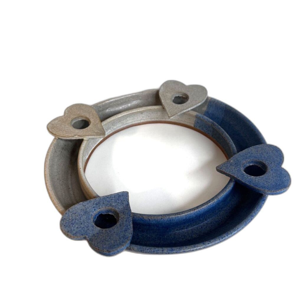 Handcrafted Pottery Ring w/ Four Heart Taper Candle Holders Two Tone Blue Decor